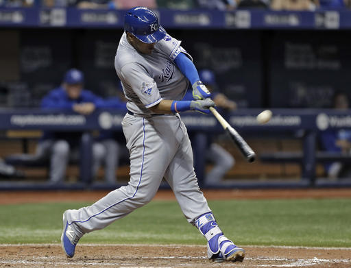 Kansas City Royals&#039 Salvador Perez connects for a two-run home run off Tampa Bay Rays relief pitcher Xavier Cedeno during the seventh inning of a baseball game Tuesday Aug. 2 2016 in St. Petersburg Fla