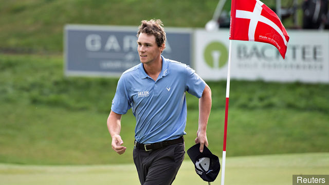 Thomas Pieters of Belgium reacts during the Made in Denmark European Tour golf tournament final round in Farso