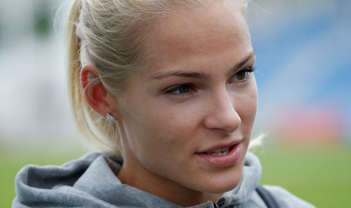 Darya Klishina talks to the media after competing the womens long jump in Zhukovsky Russia