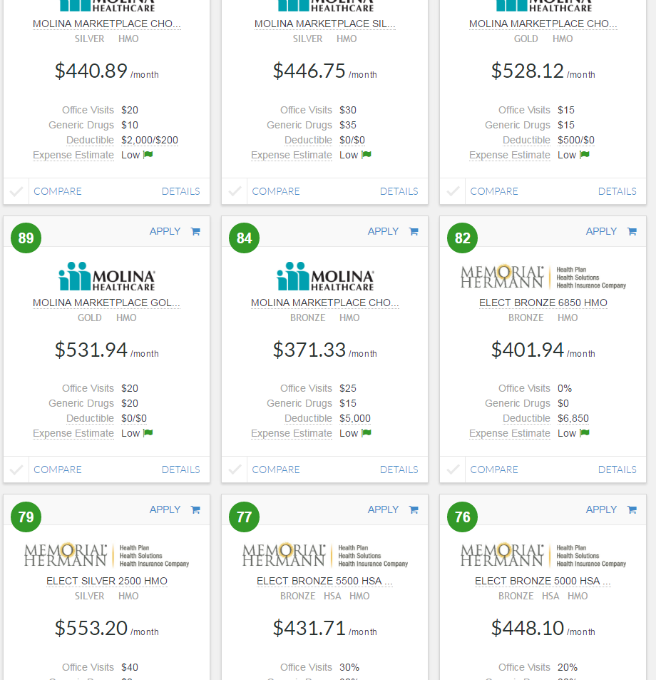 Screen grab from website listing Obamacare plans available in Houston