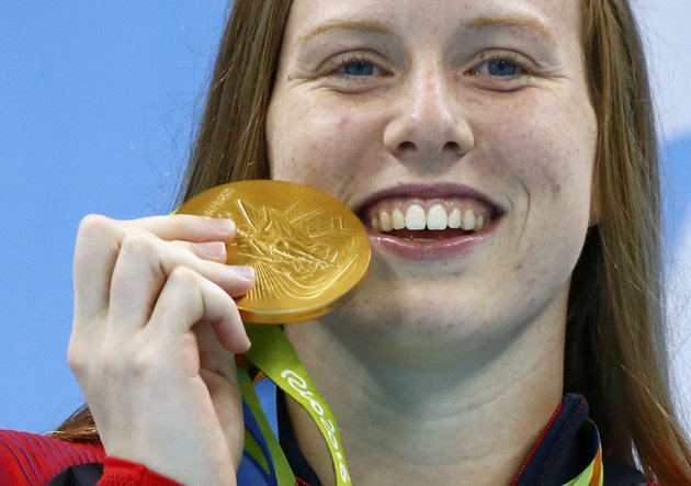 David Gray  Reuters
Lilly King celebrates her gold medal victory