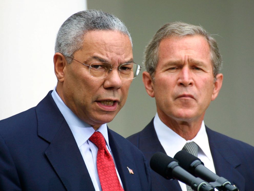 Colin Powell speaks during a press conference on terrorism with President George W. Bush Sept. 24 2001 in the Rose Garden at the White House in Washington