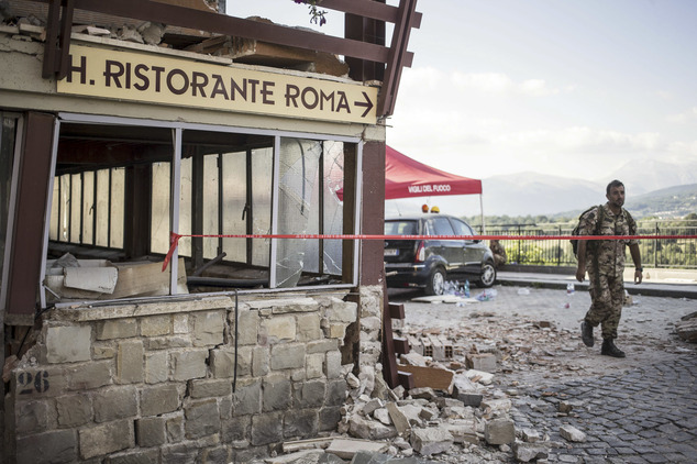 Aug. 24 2016 shows the crumbling hulk of the Hotel Roma in Amatrice central Italy where a strong quake had hit a few hou