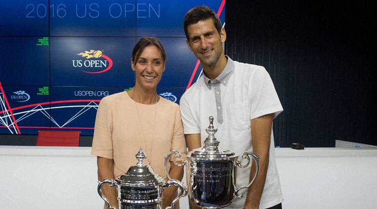 Defending US Open champions Novak Djokovic and Flavia Pennetta at the traditional trophy unveiling this past week