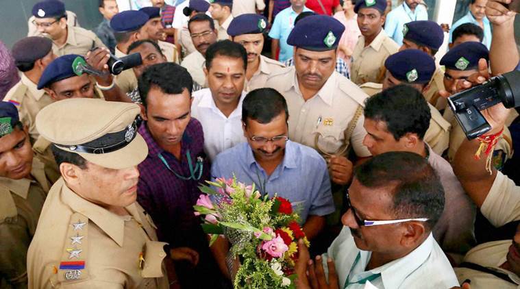 Delhi Chief Minister Arvind Kejriwal during his arrival at Vasco to Dabolim airport in Goa. Credit PTI