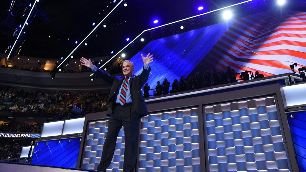 Democratic presidential candidate Tim Kaine salutes the crowd after his address at the Democratic National Convention Wednesday night