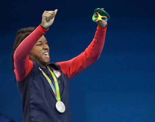 Unites States Simone Manuel silver medal winner reacts