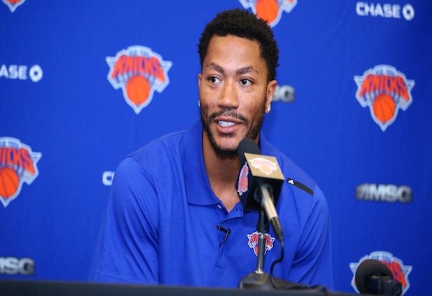 NEW YORK NY- JUNE 24 Derrick Rose is introduced at a press conference as the newest member of the New York Knicks