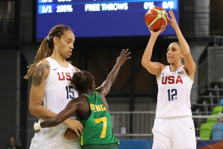 Aug 7 2016 Rio de Janeiro Brazil United States guard Diana Taurasi shoots as center Brittney Griner blocks Senegal point guard Fatou Dieng during the Rio 2016 Summer Olympic Games at Youth Arena. Mandatory Credit Geoff Burke-USA TODAY S