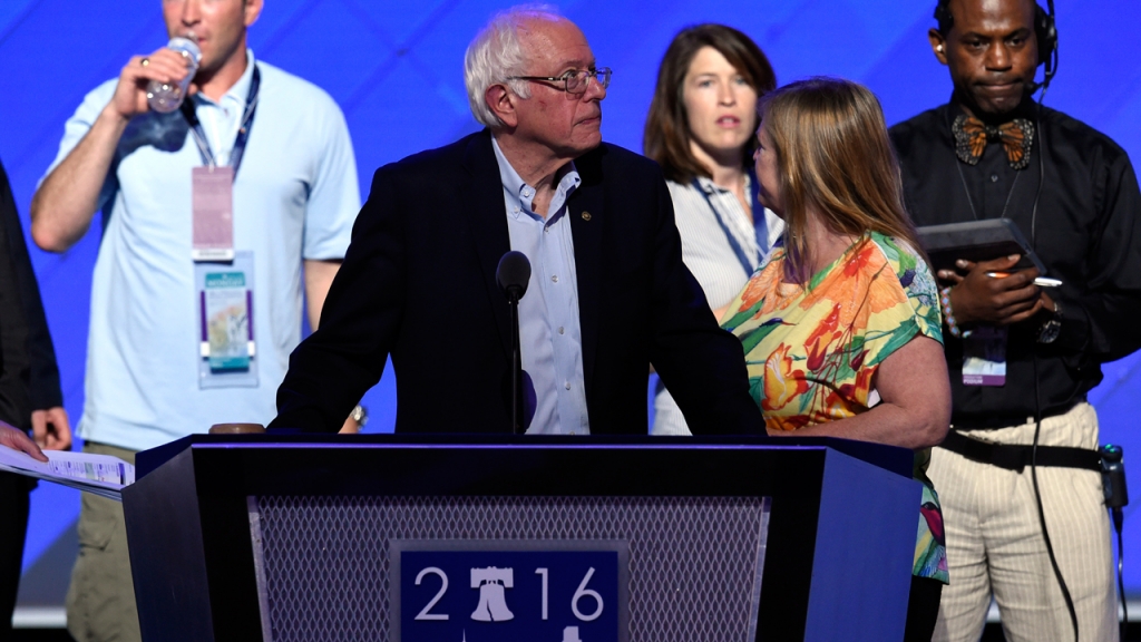 Former Democratic presidential candidate Bernie Sanders arrives prior to the start of Day 1 of the Democratic National Convention at the Wells Fargo Center in Philadelphia Pennsylvania