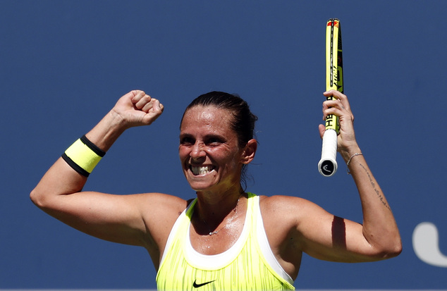 Roberta Vinci of Italy reacts after defeating Anna Lena Friedsam of Germany during the first round of the U.S. Open tennis tournament Monday Aug. 29 2