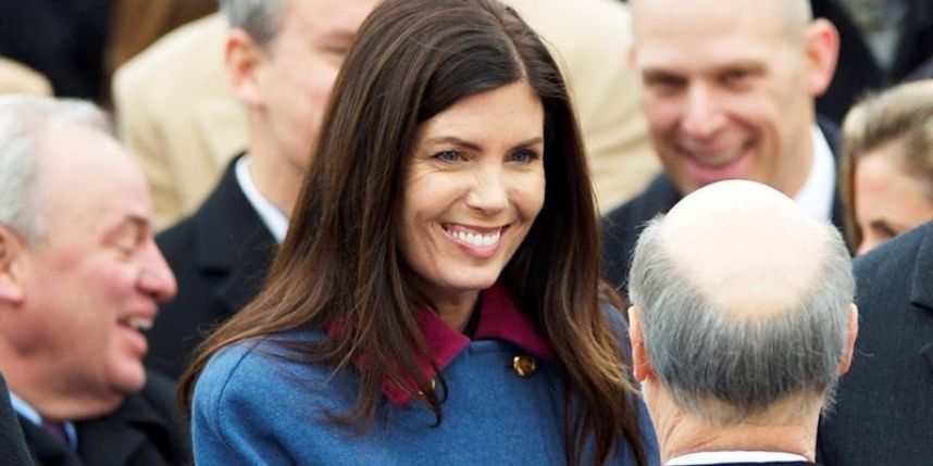 Pennsylvania Attorney General Kathleen Kane congratulating Governor Tom Wolf following his inauguration ceremony at the State Capitol in Harrisburg