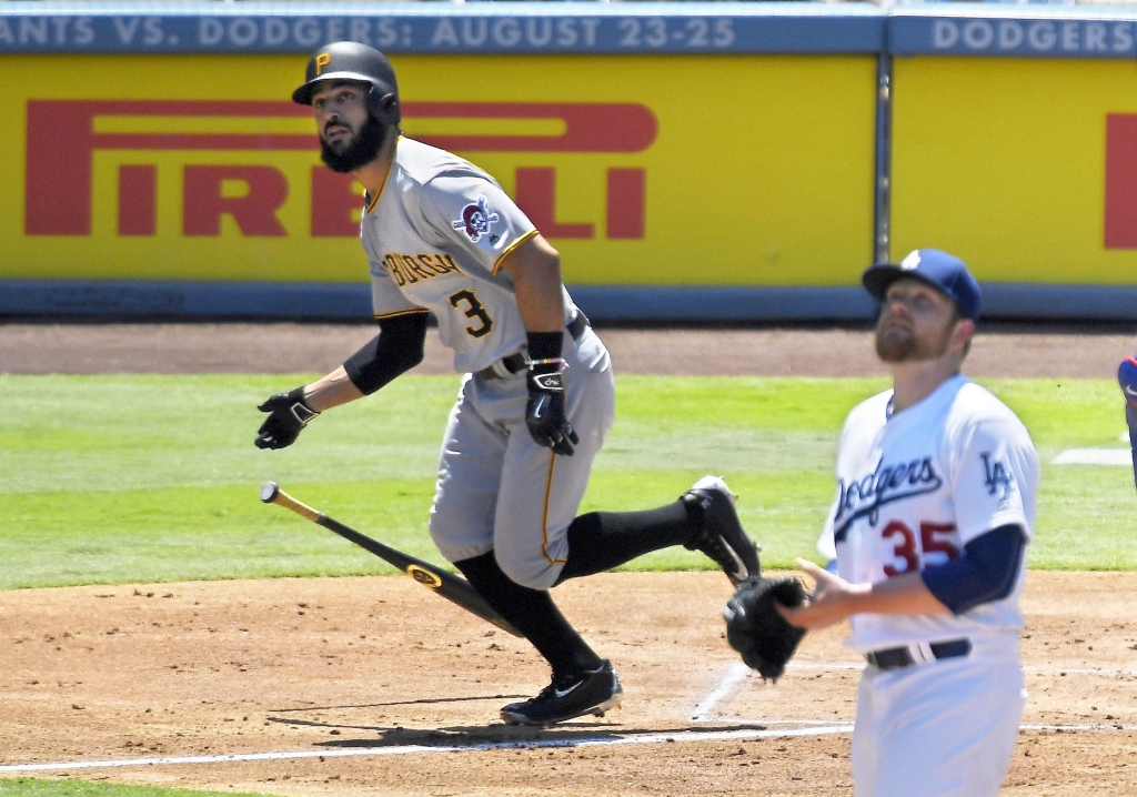 Pirates Dodgers Baseball The Pirates&#39 Sean Rodriguez runs to first after hitting a three-run home run off Los Angeles Dodgers left-hander Brett Anderson in the first inning Sunday at Dodger Stadium