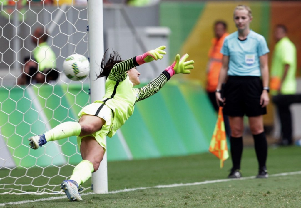 United States goalkeeper Hope Solo fails to stop a penalty during a penalty shoot-out in the quarter-final match of the women's Olympic football tournament between the United States and Sweden in Brasilia Friday Aug. 12 2016. The United States was