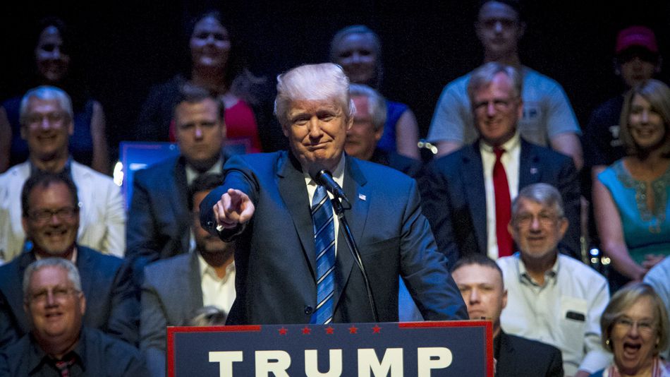 PORTLAND ME- AUGUST 04 Republican Presidential candidate Donald Trump speaks at the Merrill Auditorium