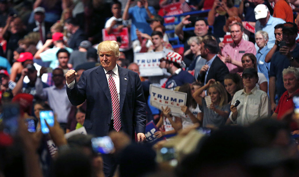 Republican presidential candidate Donald Trump responds to the crowd after speaking at a campaign rally in Austin Texas Tuesday Aug. 23 2016