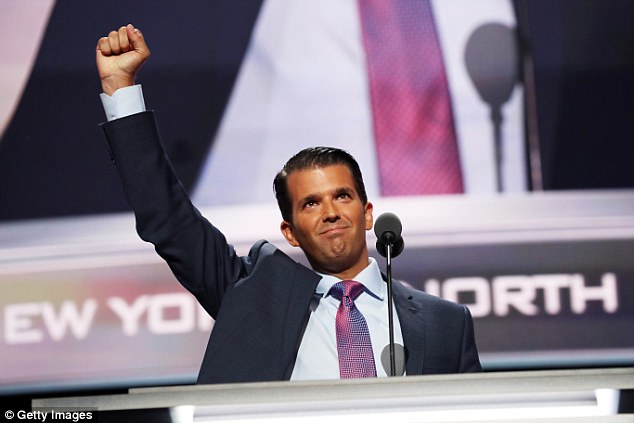 Donald Trump Jr. gestures to the crowd after delivering a speech on the second day of the Republican National Convention on July 19 in Cleveland Ohio