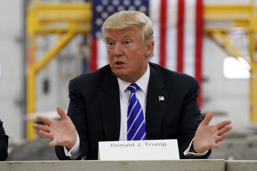 Republican presidential candidate Donald Trump speaks during a coal mining roundtable at Fitzgerald Peterbilt in Glade Spring Va