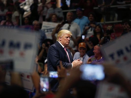 Donald Trump acknowledges the crowd after speaking at a campaign rally in Austin Texas on Aug. 23 2016