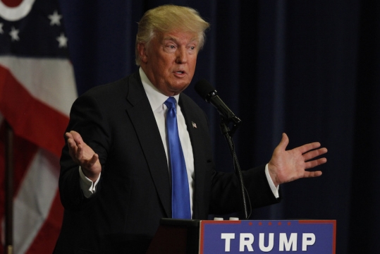 Donald Trump addressing the crowd at a campaign rally in Cincinnati Ohio