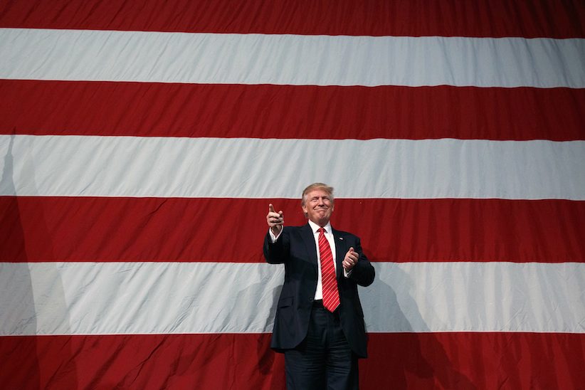 Republican presidential candidate Donald Trump arrives for a campaign rally at Crown Arena Tuesday Aug. 9 2016 in Fayetteville N.C