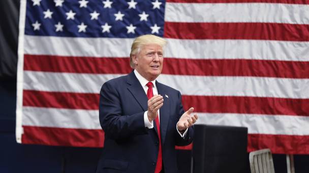 Donald Trump arrives at a campaign rally in Akron Ohio