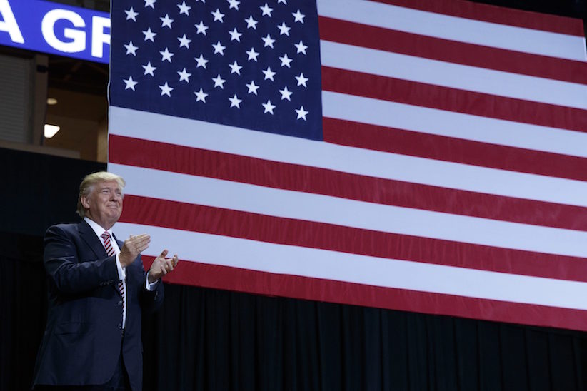 Republican presidential candidate Donald Trump arrives for a campaign rally Thursday Aug. 11 2016 in Kissimmee Fla