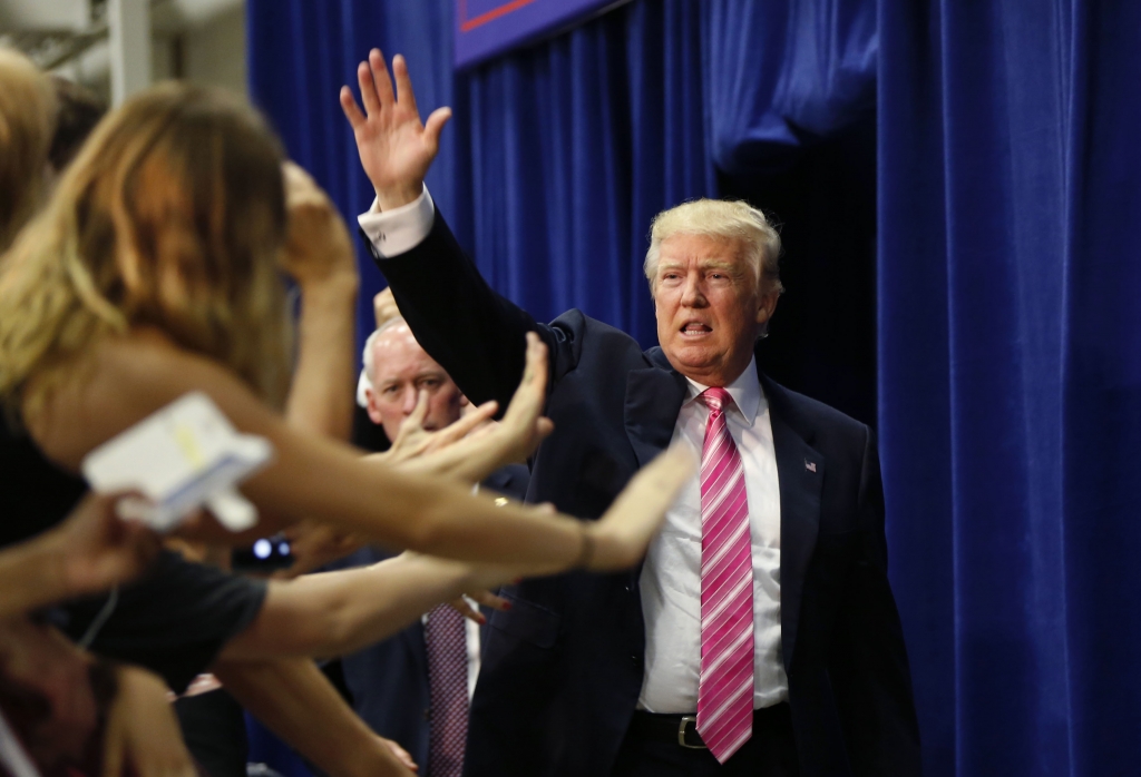 Republican presidential candidate Donald Trump arrives to speak at a campaign rally in Fredericksburg Va. Saturday Aug. 20 2016