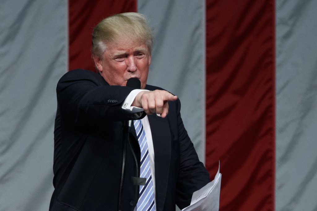 Donald Trump speaks during a campaign rally at Sacred Heart University in Fairfield Conn. on Saturday