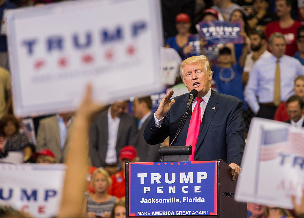 Donald Trump speaks during a rally at the Jacksonville Veterans Memorial Arena