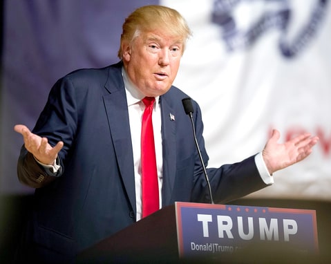 Donald Trump speaks to guests at a campaign rally at Burlington Memorial Auditorium on Oct. 21 2015 in Burlington Iowa