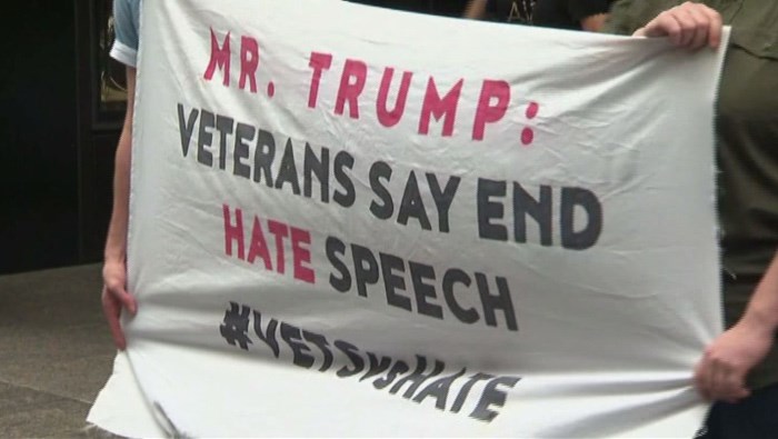 Representatives of a group called Vets Vs. Hate protested outside of Trump Tower for Donald Trump's criticism of a speech at the Democratic National Convention by the father of Army Capt. Humayun Khan