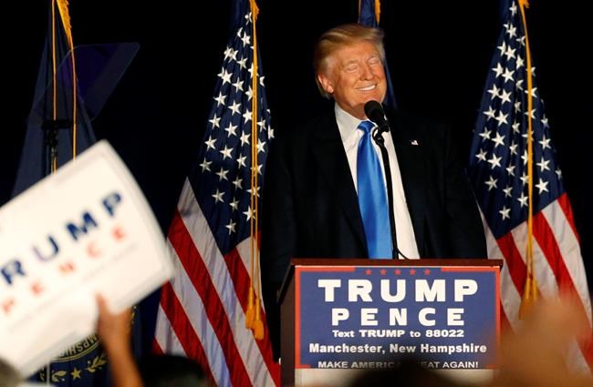 Republican presidential candidate Donald Trump smiles while speaking at a campaign rally in Manchester N.H. Thursday Aug. 25 2016