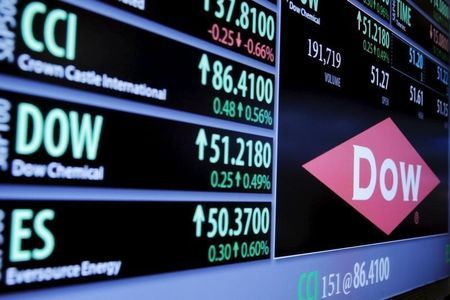 The Dow Chemical logo is displayed on a board above the floor of the New York Stock Exchange shortly after the opening bell in New York