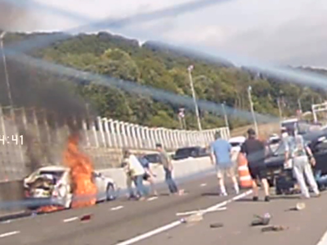 Dramatic dashcam video shows a pile-up on a New York highway and the brave actions of bystanders in the immediate aftermath.                       NBC News Channel