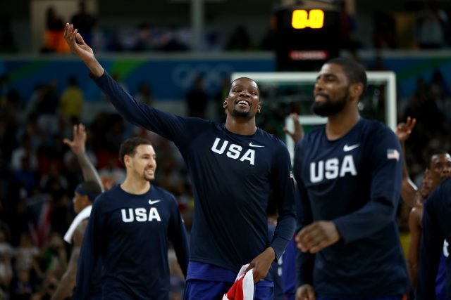 RIO DE JANEIRO BRAZIL- AUGUST 21 Kevin Durant #5 of United States celebrates after defeating Serbia during the Men's Gold medal game on Day 16 of the Rio 2016 Olympic Games at Carioca Arena 1