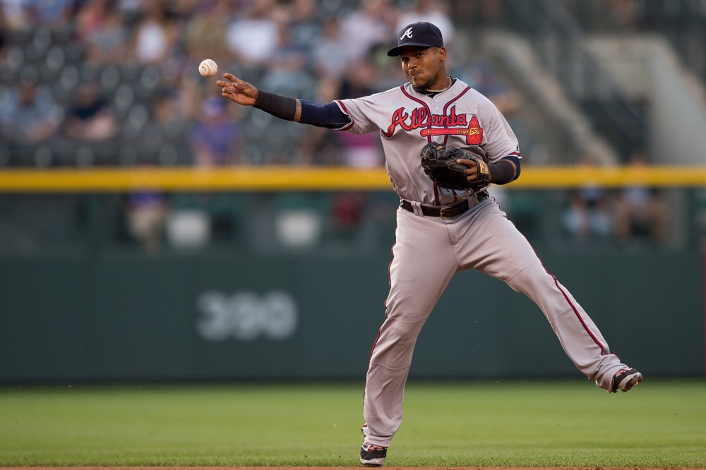 21 JULY 2016 Atlanta Braves shortstop Erick Aybar makes a defensive play during a regular season Major League Baseball game between the Atlanta Braves and the Colorado Rockies at Coors Field in Denver Colorado