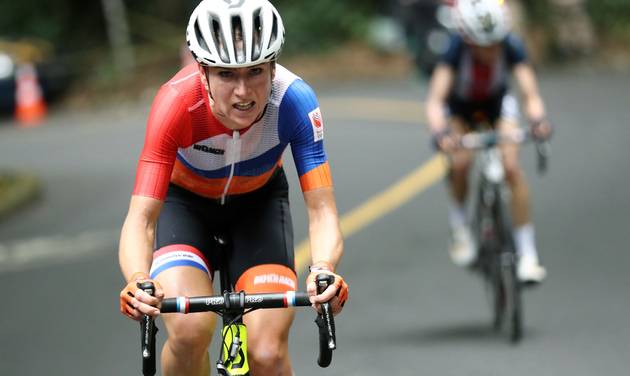 Annemiek van Vleuten of the Netherlands leads Mara Abbott of the United States during the women's cycling road race at the 2016 Summer Olympics in Rio de Janeiro Brazil Sunday Aug. 7 2016