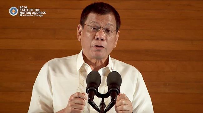 In this image made from video provided by Radio Television Malacanag Philippine President Rodrigo Duterte speaks at his first state of the nation address Monday