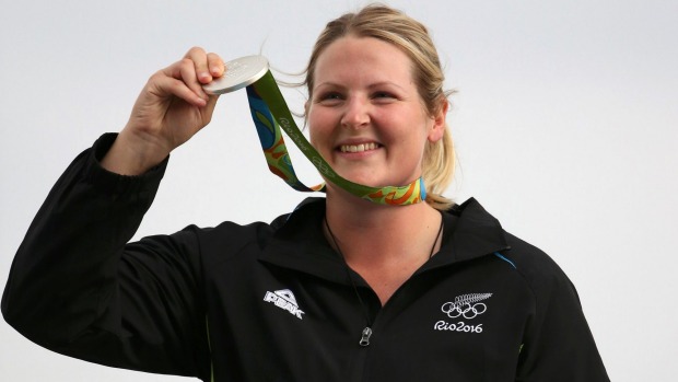 Timaru shooter Natalie Rooney celebrates receiving the silver medal in the women's trap at the Rio Olympics