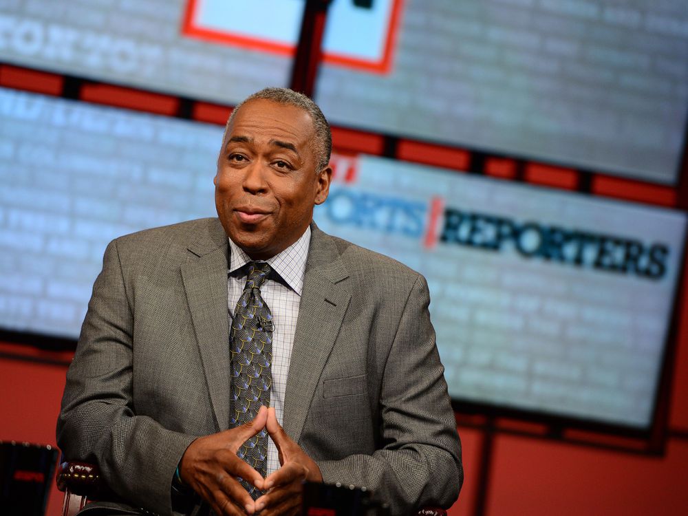 John Saunders poses on the set of The Sports Reporters in Studio A in Bristol Conn. in this 2013