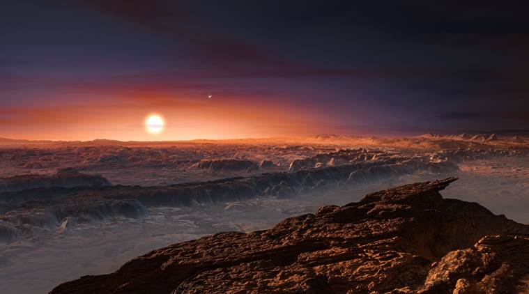 This artist rendering provided by the European Southern Observatory shows a view of the surface of the planet Proxima b orbiting the red dwarf star Proxima Centauri the closest star to the Solar System. The double star Alpha Centauri AB also appears in