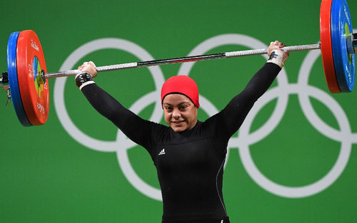 Egypt's Sara Ahmed competes during the women's 69kg weightlifting competition at the Rio Olympic Games