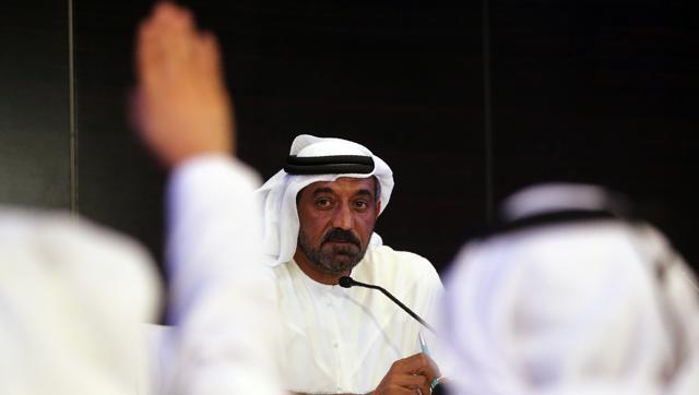 Emirates chief executive officer Sheikh Ahmed bin Saeed al Maktoum gives a press conference near the airpot in Dubai