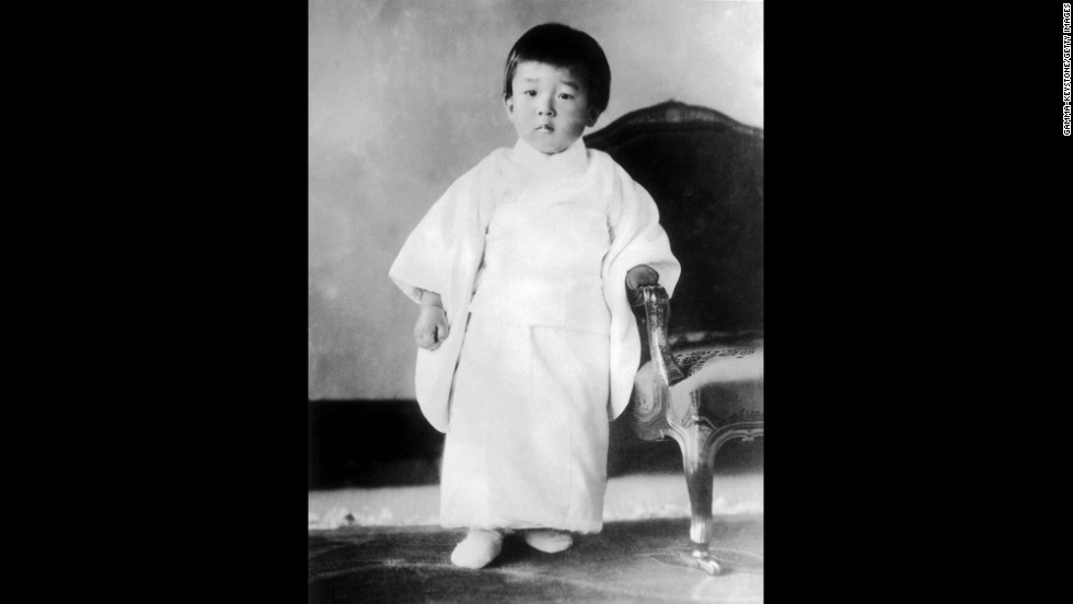 A portrait of Crown Prince Akihito in January 1936 at age 3. He is the son of Empress Nagako and Emperor Hirohito whom he succeeded in 1989. The Chrysanthemum Throne is the oldest hereditary monarchy in the world. Records show the imperial line to be unb