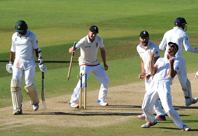 England captain Alastair Cook right celebrates after Moeen Ali caught and bowled Pakistan's Sohail Khan as England beat Pakistan by 141 runs during day five of the 3rd Test match at Edgbaston in Birmingham England Sunday Aug. 7. (Rui Vieira  PA via