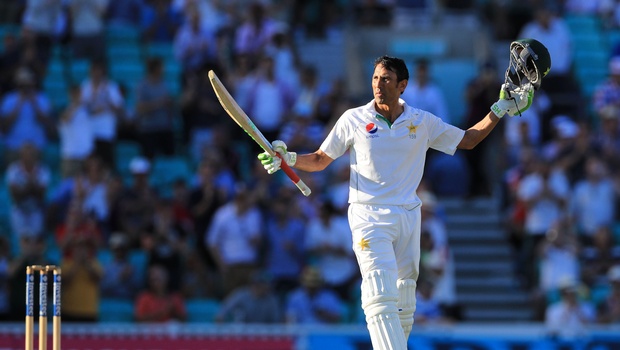 Pakistan's Younus Khan celebrates reaching his century during day two of the Fourth Test match against England at The Oval London Friday Aug. 12 2016. | AP