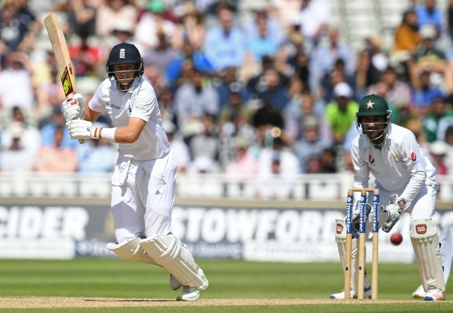 England's Joe Root plays a shot on the fourth day of the third Test against Pakistan at Edgbaston in Birmingham