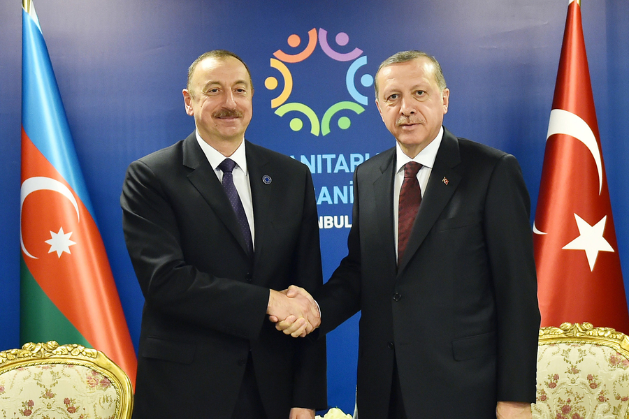 Azerbaijani President Ilham Aliyev and Turkish President Recep Tayyip Erdogan meet during the World Humanitarian Summit in Istanbul in May 2016. As Erdogan responds to the failed coup attempt on July 15 Azerbaijan is embracing the Turkish governme