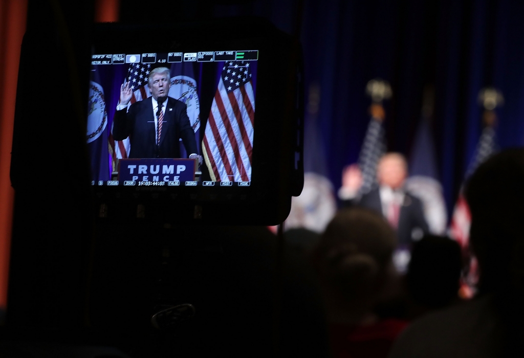 ASHBURN VA- AUGUST 02 Republican presidential nominee Donald Trump is seen on a monitor as he speaks to voters during a campaign event at Briar Woods High School